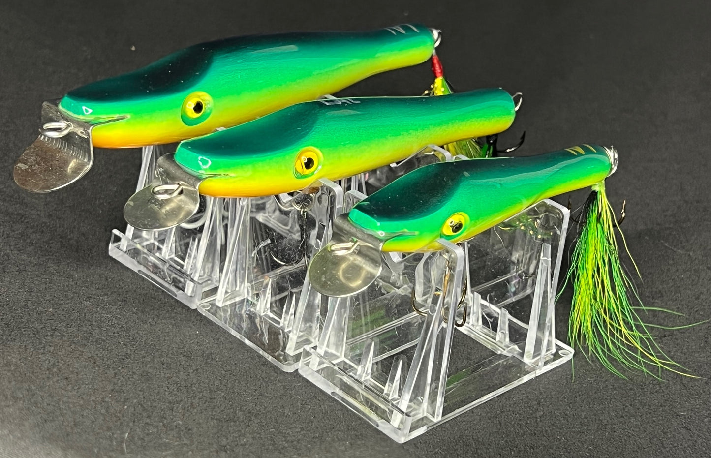 metal lip, stainless steel, bass, pike, musky, striper, fishing, wood, lure, custom, bait, pickerel, snook, vmc, spro, swivel, split ring, crappie, freshwater, saltwater, adventure, cedar, reclaimed, creek chub, finesse, fish, redfish, drum, multi species, angler, fisherman, green, yellow, black, tails, bucktail, sharp