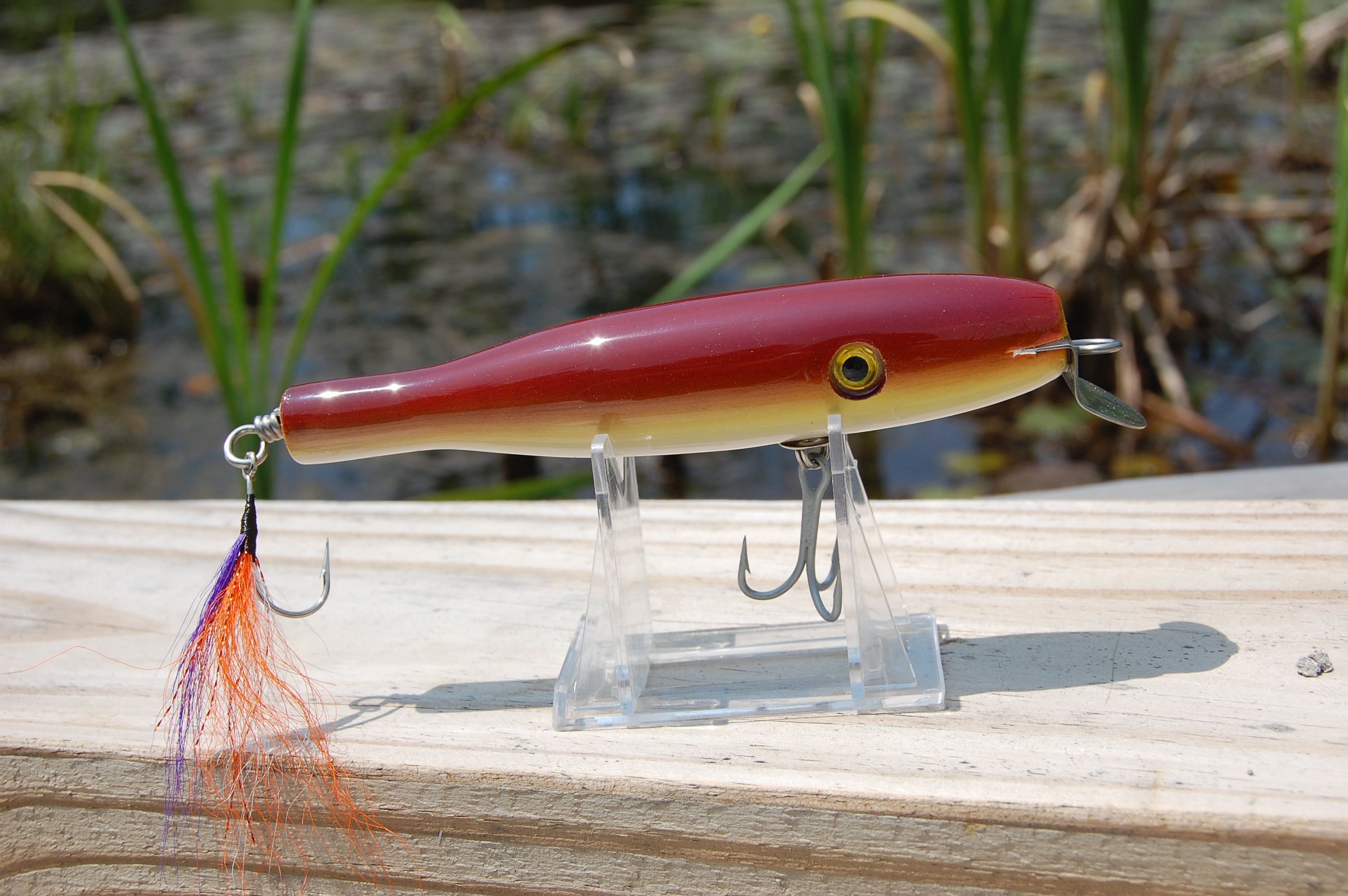 bass, largemouth, smallmouth, bass, pike, musky, freshwater, saltwater, metal lip, custom made, wood, cedar, brown, yellow, orange