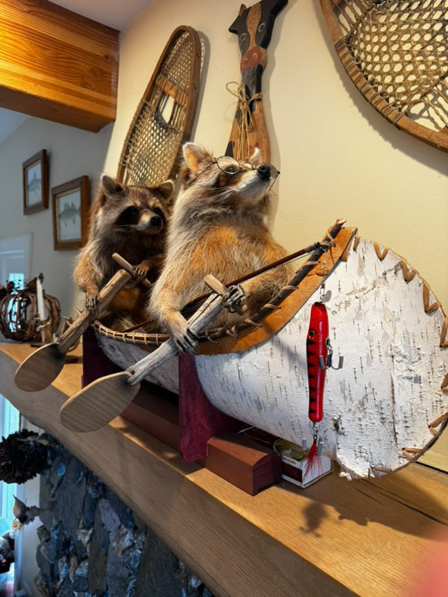 canoe, birch, cedar, lure, firestarter, snowshoe, mantel, art, display, raccoons, fishing, paddling, wood,