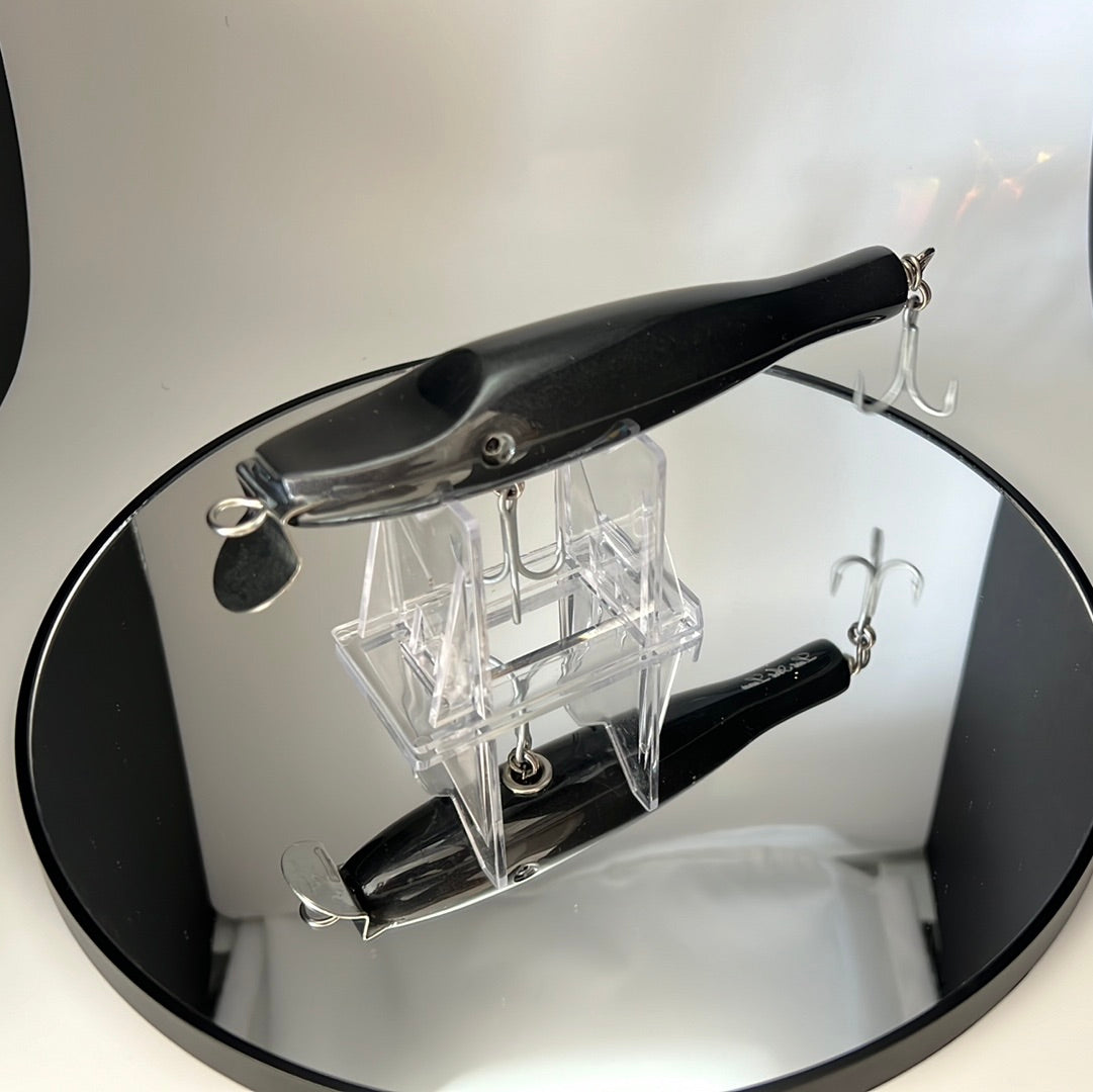 metal lip, stainless steel, bass, pike, musky, striper, fishing, wood, lure, custom, bait, pickerel, snook, vmc, spro, swivel, split ring, crappie, freshwater, saltwater, adventure, cedar, reclaimed, creek chub, finesse, fish, redfish, drum, multi species, angler, fisherman, black, charcoal, metallic, paint, 5.25 inches