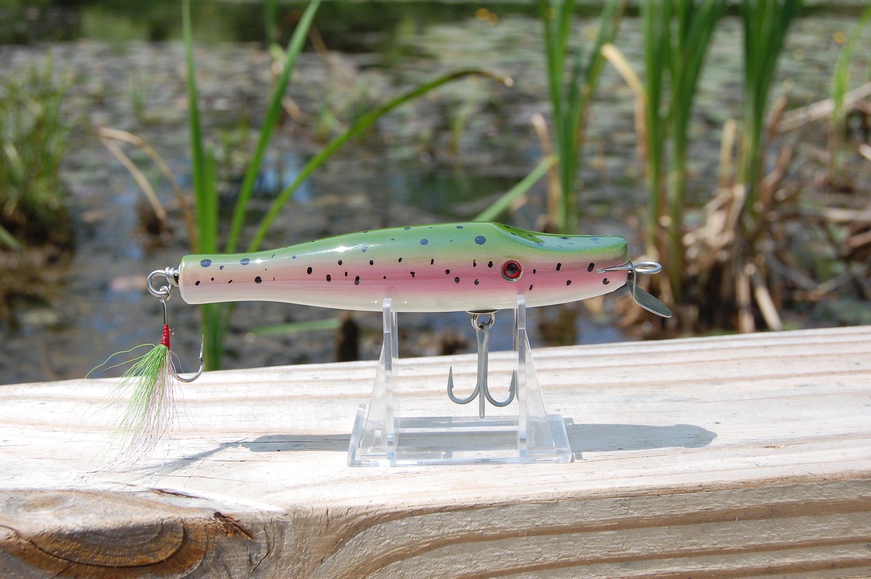 bass, largemouth, smallmouth, bass, pike, musky, freshwater, saltwater, metal lip, custom made, wood, cedar, rainbow trout colors, 