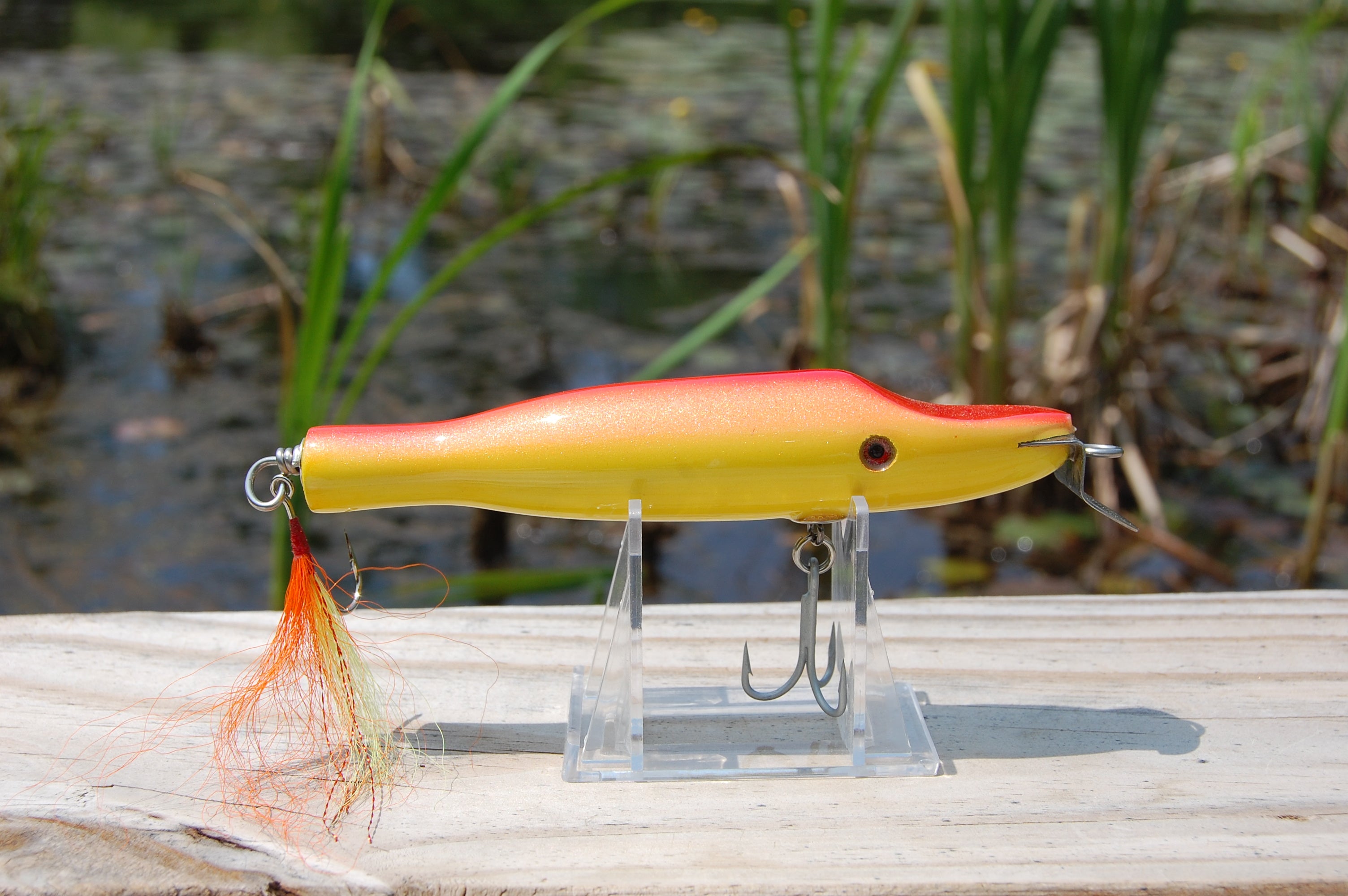 bass, largemouth, smallmouth, bass, pike, musky, freshwater, saltwater, metal lip, custom made, wood, cedar, orange, red, yellow, VMC