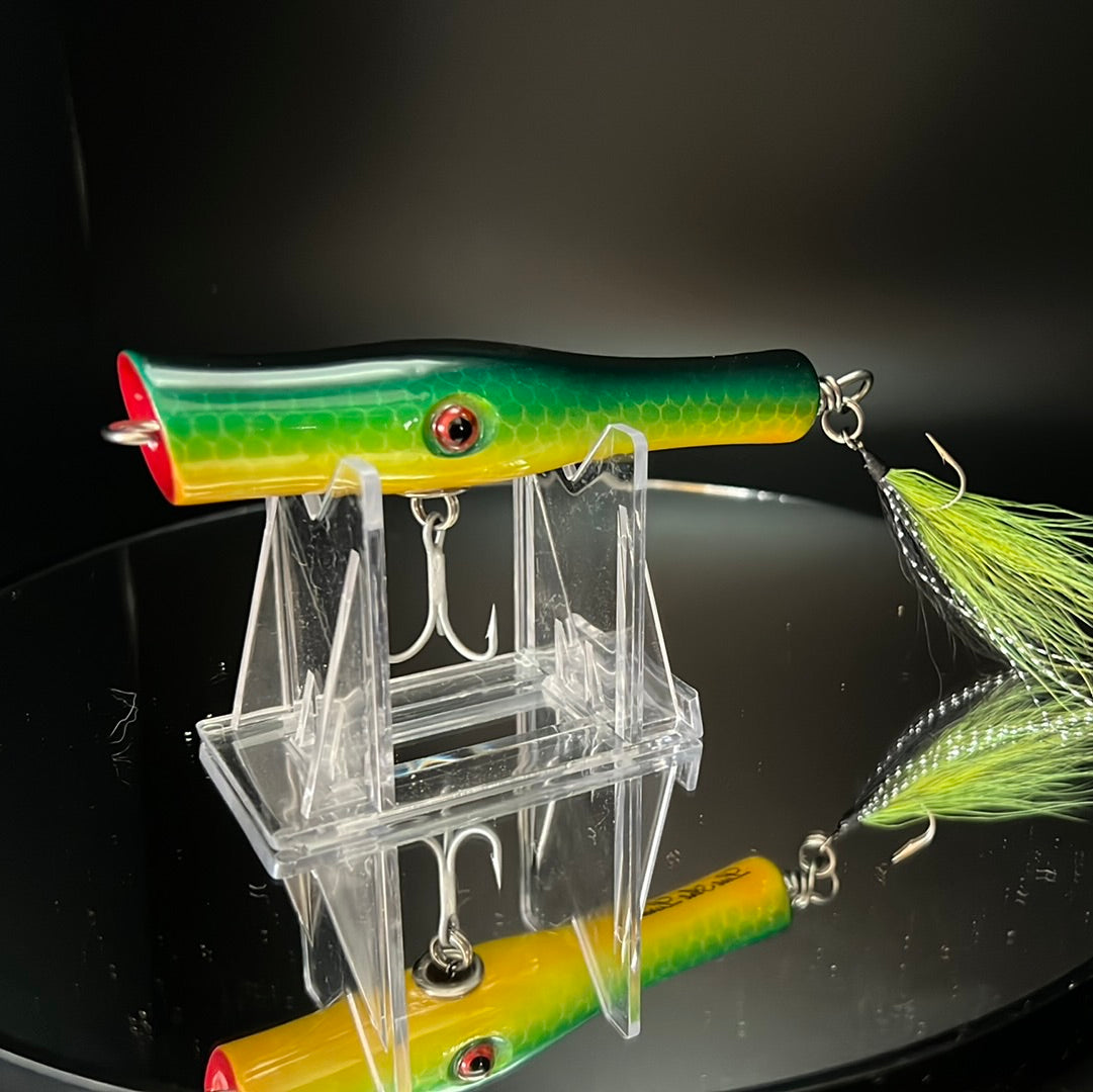 metal lip, stainless steel, bass, pike, musky, striper, fishing, wood, lure, custom, bait, pickerel, snook, vmc, spro, swivel, split ring, crappie, freshwater, saltwater, adventure, cedar, reclaimed, creek chub, finesse, fish, redfish, drum, multi species, angler, fisherman, siren, popper, black, green, scales, yellow, gold, red, tail