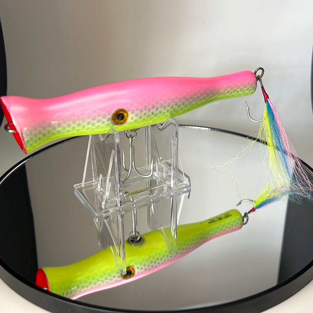 metal lip, stainless steel, bass, pike, musky, striper, fishing, wood, lure, custom, bait, pickerel, snook, vmc, spro, swivel, split ring, crappie, freshwater, saltwater, adventure, cedar, reclaimed, creek chub, finesse, fish, redfish, drum, multi species, angler, fisherman, pink, chartreuse, blue, electric chicken, paint, tail, buck tail, popper, siren