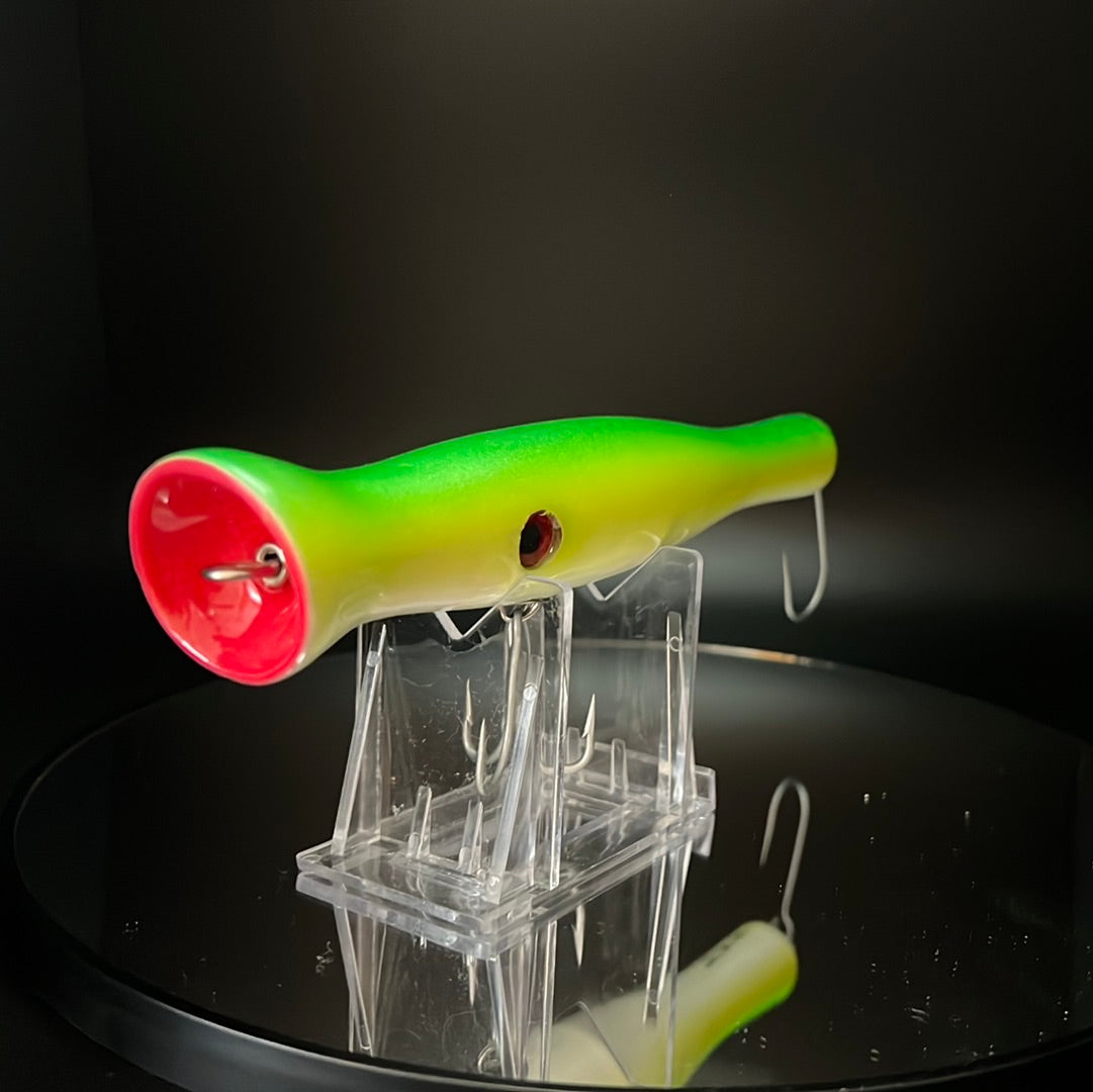 wood popper type lure, 6.5" long, Painted light metal lip, stainless steel, bass, pike, musky, striper, fishing, wood, lure, custom, bait, pickerel, snook, vmc, spro, swivel, split ring, crappie, freshwater, saltwater, adventure, cedar, reclaimed, creek chub, finesse, fish, redfish, drum, multi species, angler, fisherman, siren, popper, red, green, yellow, eye, grommet