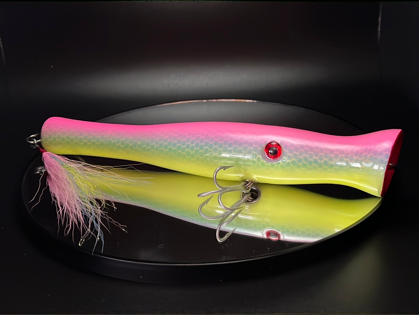 wood popper type lure, 8.5" long, Painted pink and chartreuse 