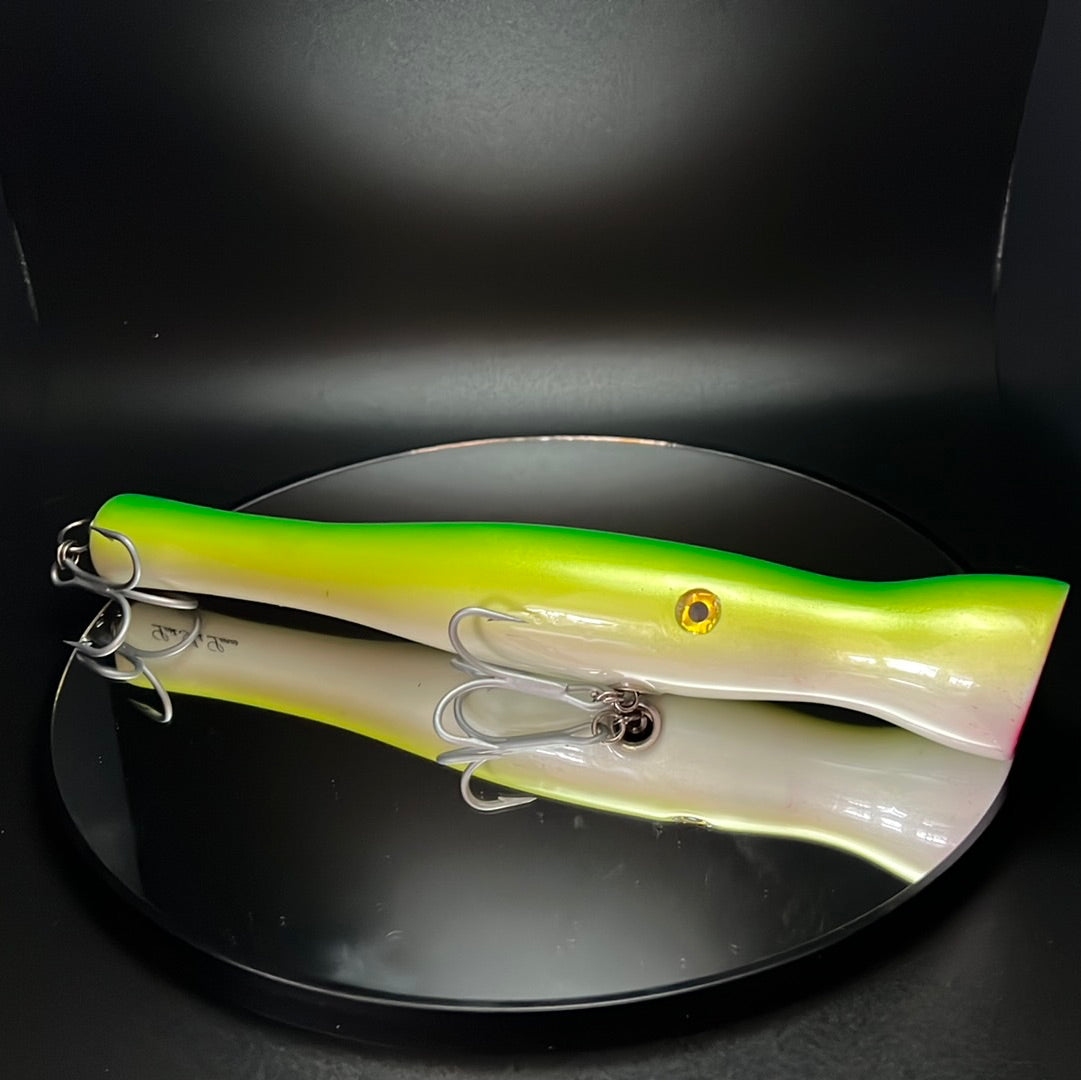 wood popper type lure, 8.5" long, Painted light green and yellow