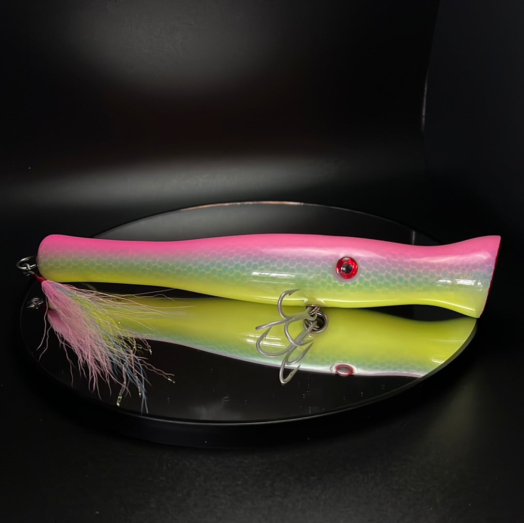 metal lip, stainless steel, bass, pike, musky, striper, fishing, wood, lure, custom, bait, pickerel, snook, vmc, spro, swivel, split ring, crappie, freshwater, saltwater, adventure, cedar, reclaimed, creek chub, finesse, fish, redfish, drum, multi species, angler, fisherman, siren, popper, pink, chartreuse, blue,  eye