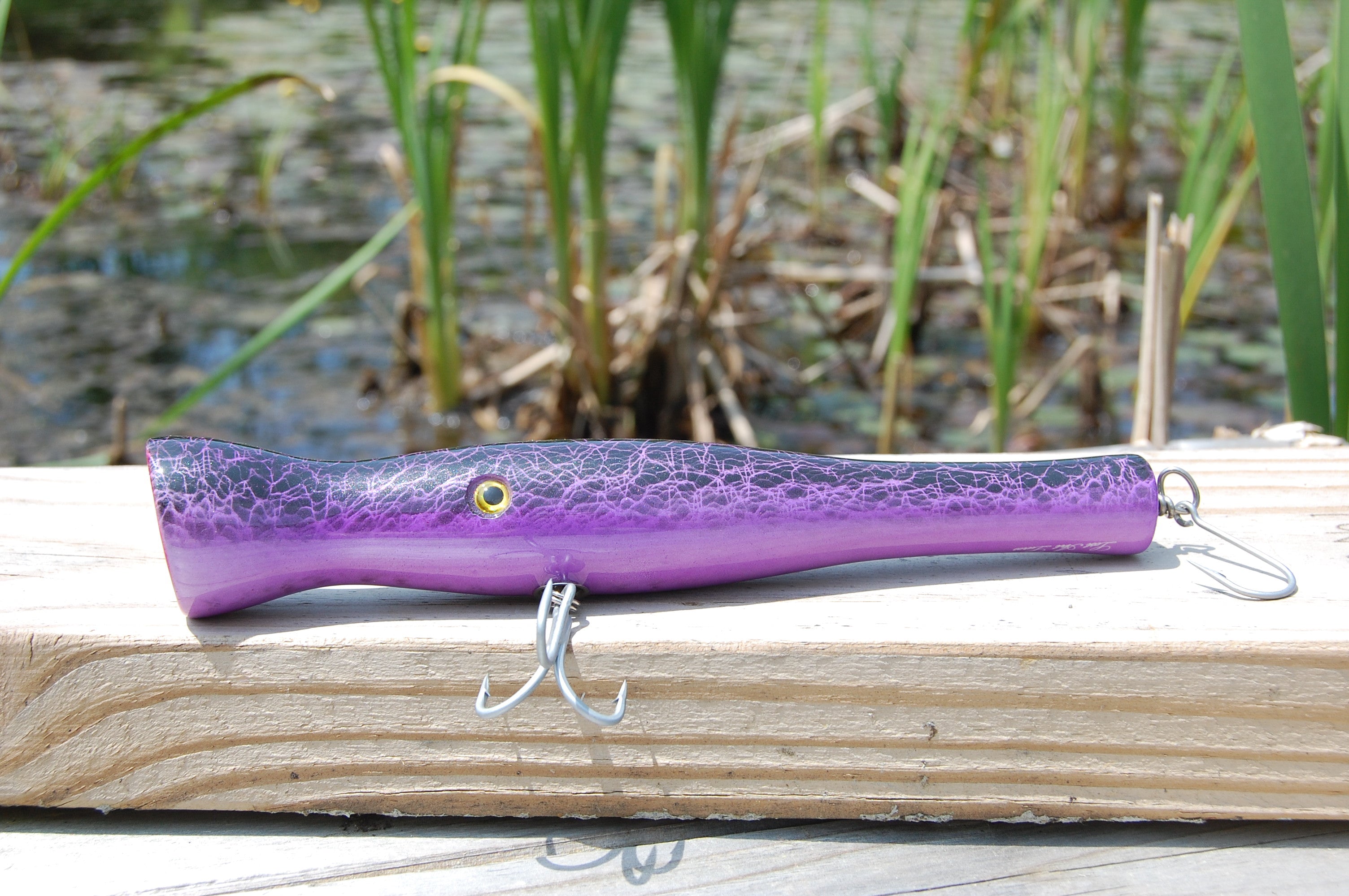 Popper, black, purple, pattern, through wire, vmc, stainless steel, permasteel, tuna, musky, lure, plug, 