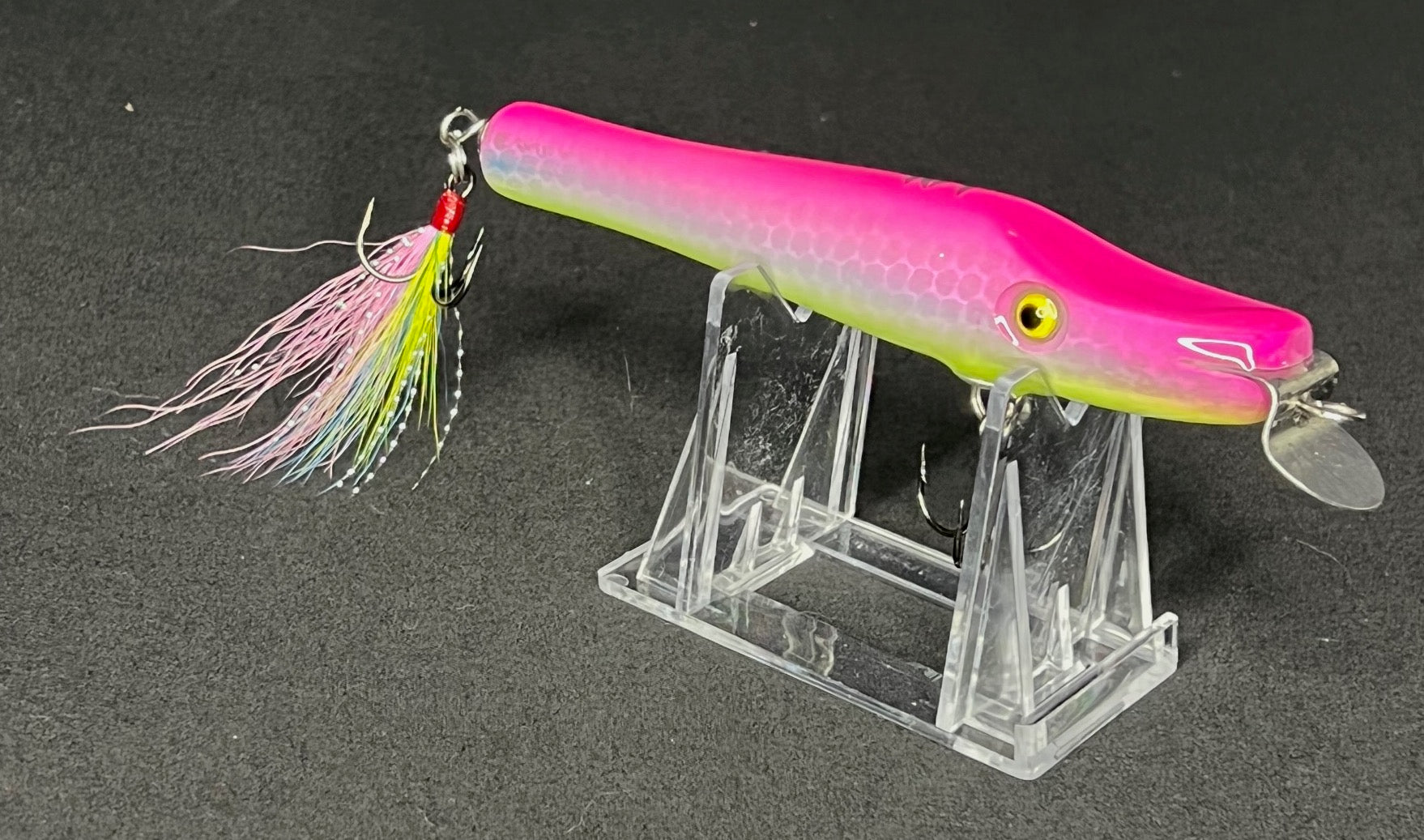 metal lip, stainless steel, bass, pike, musky, striper, fishing, wood, lure, custom, bait, pickerel, snook, vmc, spro, swivel, split ring, crappie, freshwater, saltwater, adventure, cedar, reclaimed, creek chub, finesse, fish, redfish, drum, multi species, angler, fisherman, pink, chartreuse, blue, paint, tail, eye