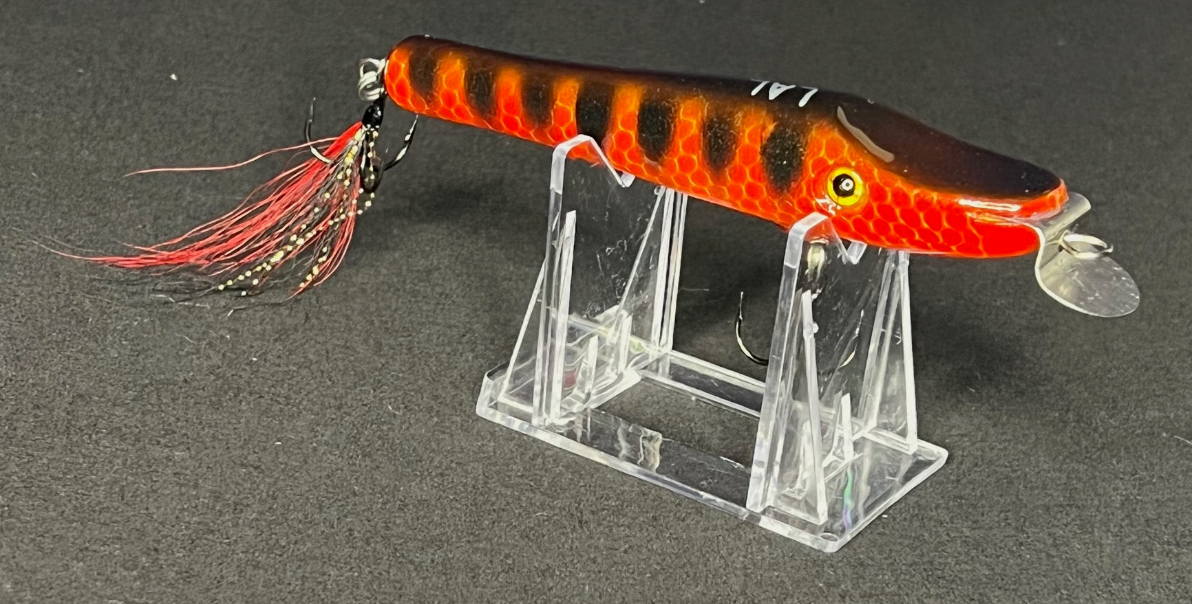 Metal lipped , 4.25" long, painted red, black, metal lip, stainless steel, bass, pike, musky, striper, fishing, wood, lure, custom, bait, pickerel, snook, vmc, spro, swivel, split ring, crappie, freshwater, saltwater, adventure, cedar, reclaimed, creek chub, finesse, fish, redfish, drum, multi species, angler, fisherman,